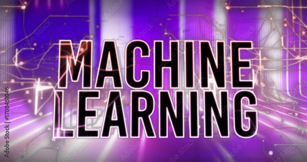 Poster uppercase machine learning text glowing in virtual space, with neon purple-pink circuits and nodes