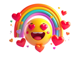 Happy emoji with rainbow and hearts