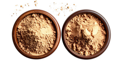 Two wooden bowls filled with light brown powder