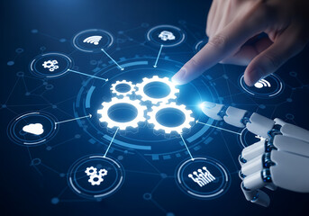 A robotic arm interacts with a digital interface showcasing interconnected gears and various technology icons, symbolizing automation and interconnected systems.