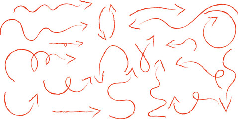 hand draw orange arrow doodles collection  Artistic scribbles, design elements set. Grunge style chaotic strokes drawings vector