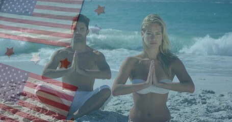 Couple kneeling in prayer in white swimwear on beach, with US flag overlays and star graphics