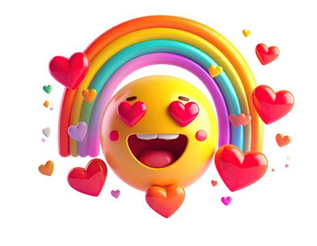 Happy emoji with rainbow and hearts