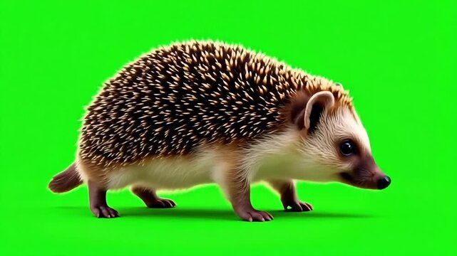 Curious hedgehog walking on a vibrant green background, ready for compositing.
