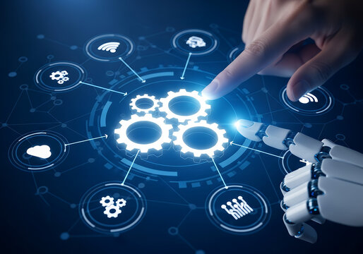 A robotic arm interacts with a digital interface showcasing interconnected gears and various technology icons, symbolizing automation and interconnected systems.