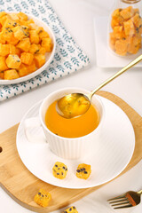 Freeze dried fruit cubes with herbal tea drinking instant passion fruit effects healthy beverage