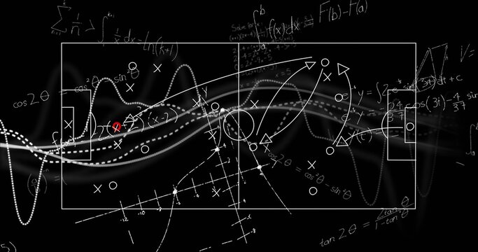 Showing white schematic soccer field on chalkboard, with X and O markers, arrows, curves, equations