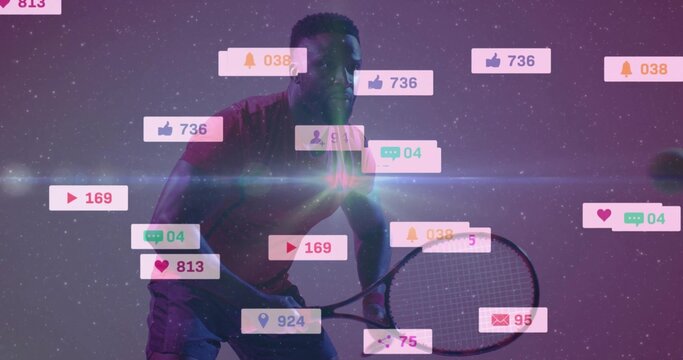 Displaying athlete in red sportswear gripping tennis racket in studio with floating media icons - Powered by Adobe