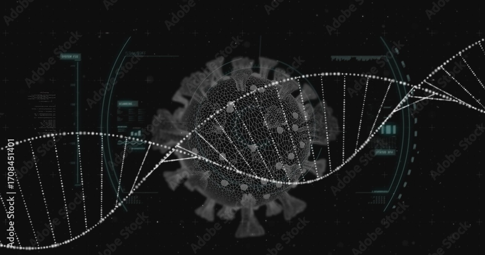 Poster displaying rotating wireframe virus sphere with spikes in hud, featuring dna helix and data panels