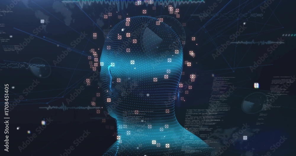 Aufkleber displaying wireframe head in profile streaming code in network, with nodes, network lines and globe