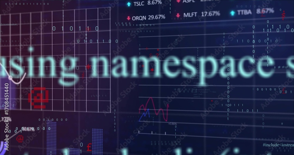 Poster displaying central blurred namespace text on virtual screen, with grid, icons, line charts, tickers