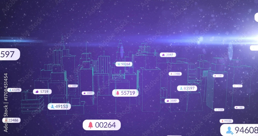 Poster neon outline skyline pulsing with floating data labels bell cloud flame user icons in virtual space