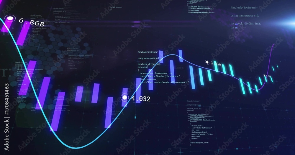 Aufkleber neon data chart floating above grid plane in virtual space, with candlestick bars, code snippets