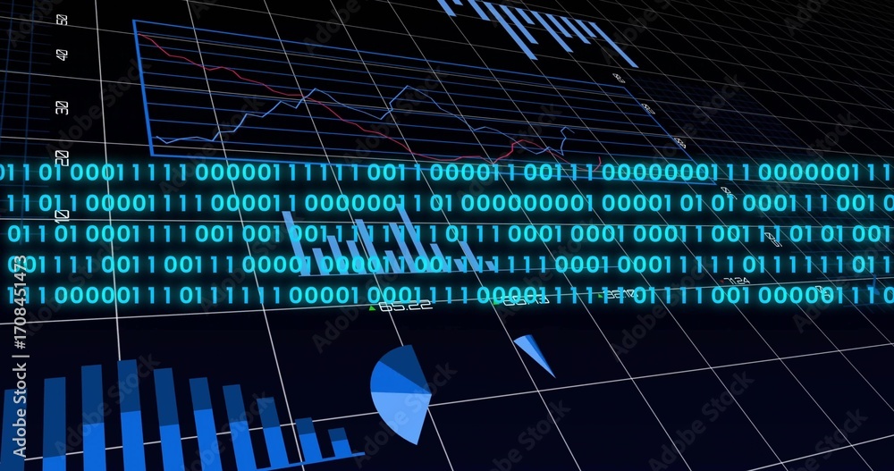 Poster displaying glowing binary band overlaying grid dashboard, with bar chart, pie chart and line graph