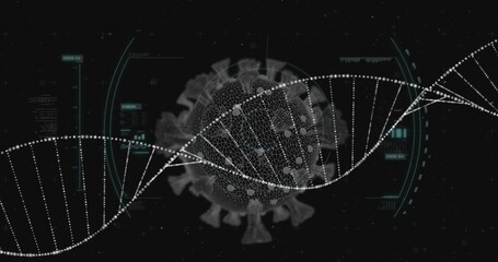 Displaying rotating wireframe virus sphere with spikes in HUD, featuring DNA helix and data panels