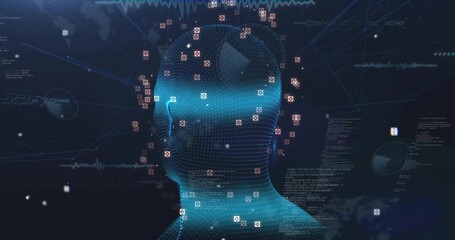 Displaying wireframe head in profile streaming code in network, with nodes, network lines and globe