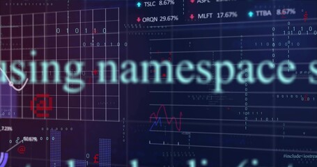 Displaying central blurred namespace text on virtual screen, with grid, icons, line charts, tickers