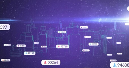 Neon outline skyline pulsing with floating data labels bell cloud flame user icons in virtual space