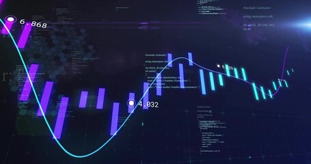 Neon data chart floating above grid plane in virtual space, with candlestick bars, code snippets