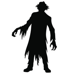 vector silhouette of a zombie scarecrow with tattered clothes, horror figure standing in eerie pose, Halloween monster icon for spooky events, creepy designs, horror-themed illustrations