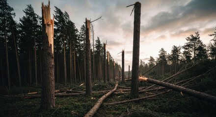 Obraz premium Storm-ravaged forest, broken trees and branches litter the ground. A path of devastation