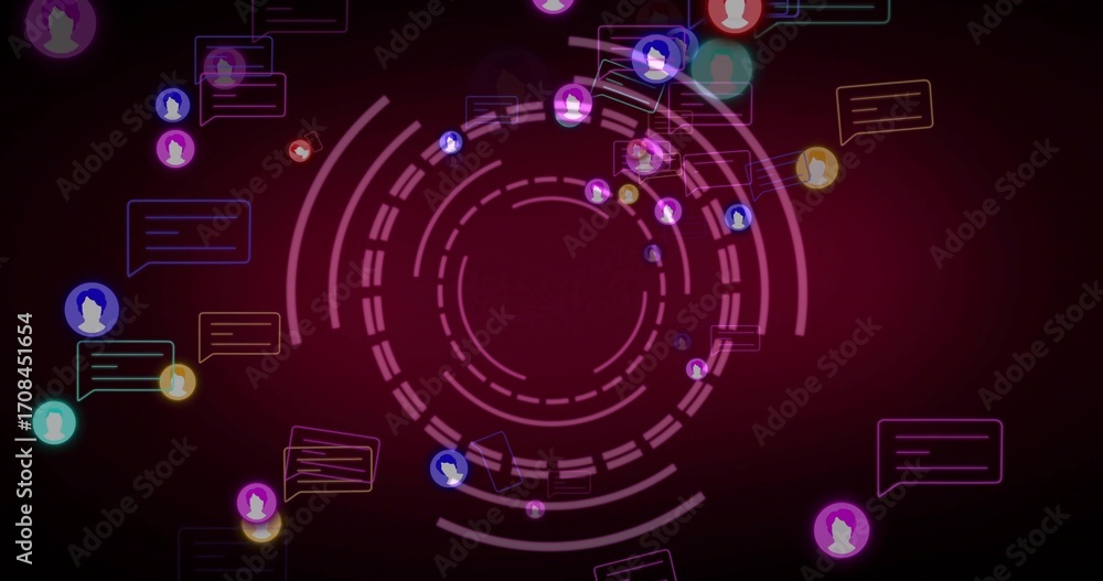 Poster displaying hud-style concentric rings on dark interface, showing bright user icons and chat bubbles