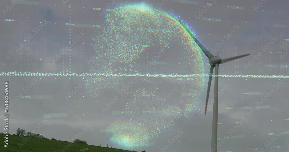 Aufkleber standing wind turbine merging with holographic globe and data waveform on hilltop, copy space