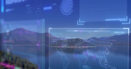 Displaying mountain lake in valley, with digital panels, grid overlays, world map and scanning data