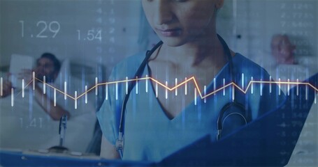 Indian nurse reviewing clipboard with stethoscope in hospital ward, with medical data overlay