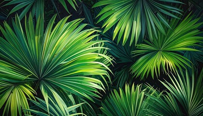 Tropical Green Palm Leaves Texture in High Detail Botanical Pattern Dark Background