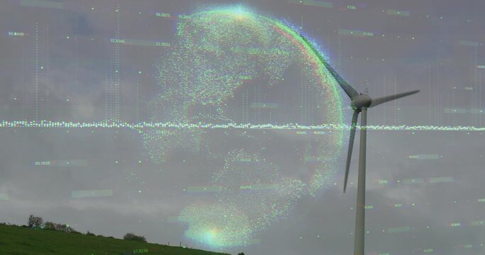 Naklejki Standing wind turbine merging with holographic globe and data waveform on hilltop, copy space