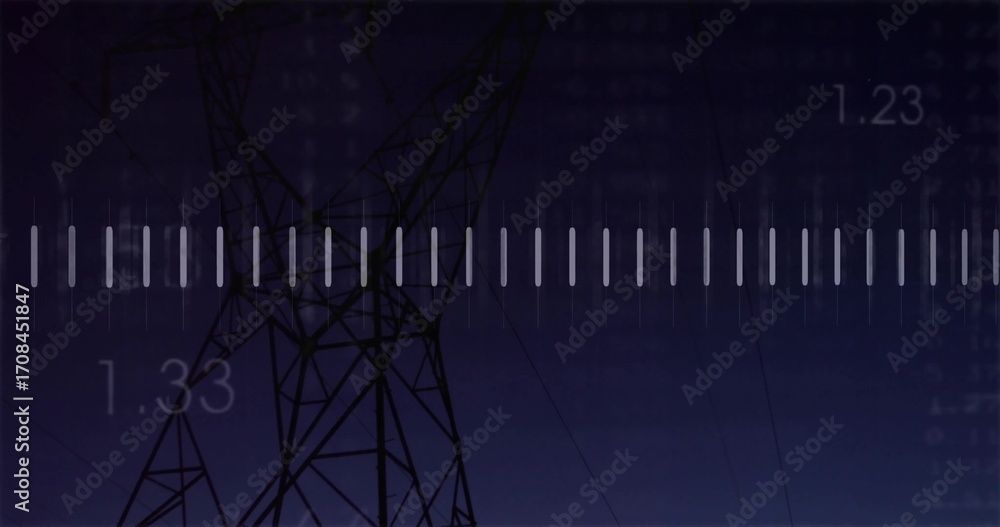 Poster showing lattice towers with power lines against rural dusk sky, equalizer bar and numeric overlays