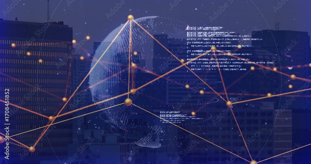 Poster displaying wireframe globe radiating orange network nodes and code snippets over night city towers