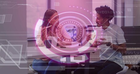 Gesturing woman and leaning man discussing digital globe in office, with smartphone mug pen overlay