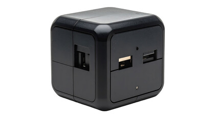 Black cube-shaped travel adapter