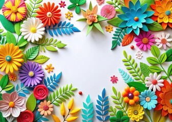 Fototapeta premium Colorful paper cutouts of flowers and leaves on a bright white background with abstract shapes