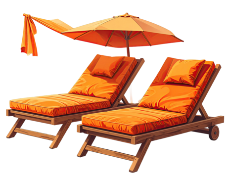 Two orange beach lounge chairs under an umbrella - Powered by Adobe