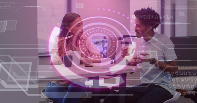 Gesturing woman and leaning man discussing digital globe in office, with smartphone mug pen overlay