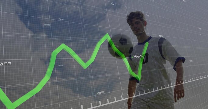 Controlling athlete in jersey balancing soccer ball on soccer field, with grid and green line graph