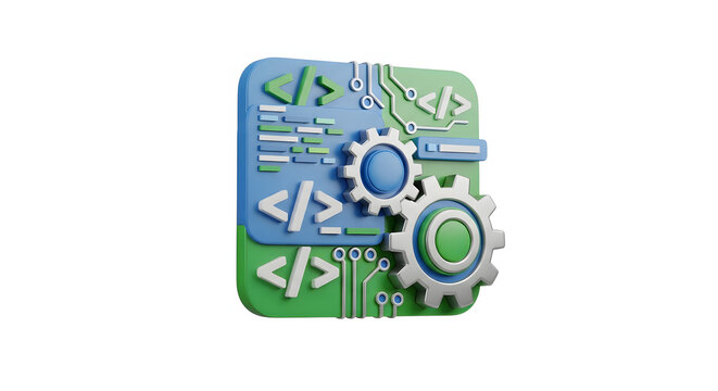 3d rendering of coding and gears, representing software development and engineering isolated on white background - Powered by Adobe