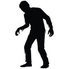 vector silhouette of a creepy zombie walking, undead figure in ragged clothes, eerie Halloween illustration, horror character icon for spooky events, horror themed designs, or horror games