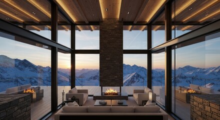 Modern Mountain Home Living Room With Fireplace And Panoramic Views.