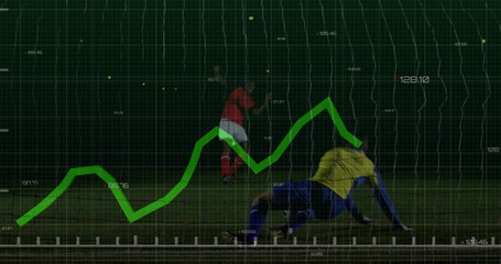 Soccer players competing on pitch, with digital grid overlay, green data line and numeric labels