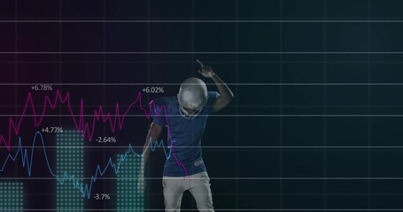 Signaling helmeted football player raising arm in studio with grid charts and percents, copy space © vectorfusionart