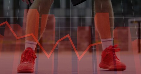 Athlete standing on court in red shoes, white socks, with bar chart, orange line graph overlay
