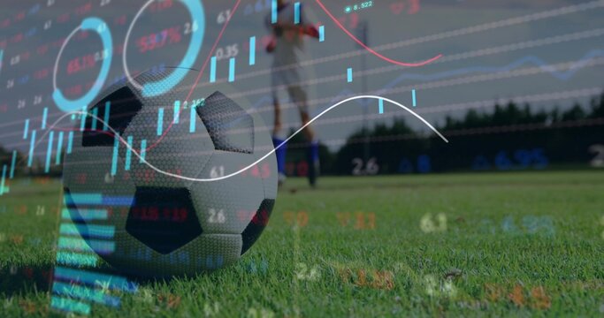 Resting soccer ball on grass field, with goalposts, net, goalkeeper in kit, data overlays