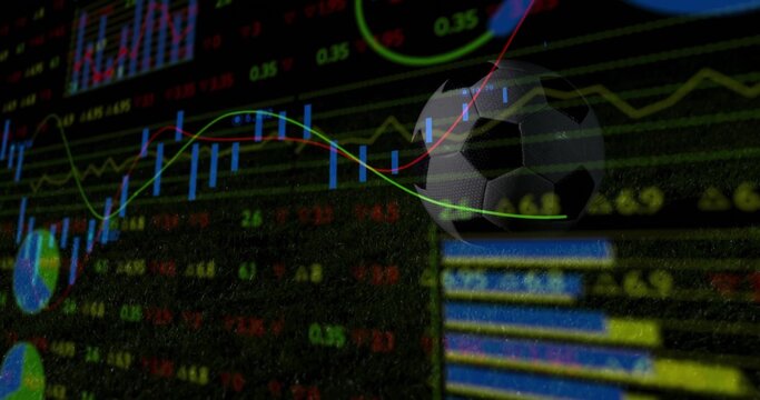 Hovering 3D soccer ball in trading interface, with green red tickers, blue yellow bars, copy space - Powered by Adobe