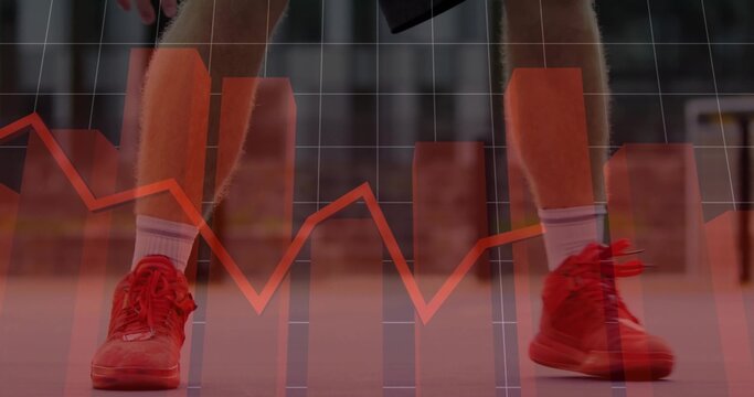 Fototapeta Athlete standing on court in red shoes, white socks, with bar chart, orange line graph overlay