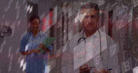 Doctor in lab coat and nurse in scrubs analyzing chart in hospital hallway, with digital overlays