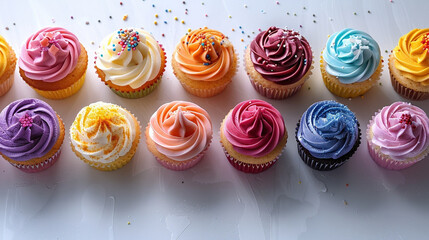 Colorful cupcakes arranged in a row on clean white surface, soft side lighting with visible icing textures and sprinkles, top-down dessert composition